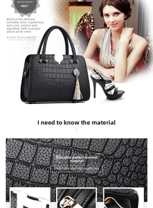 Close-up of black crocodile pattern washed leather handbag with gold hardware and tassel