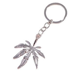Silver cannabis leaf pendant keychain made of zinc alloy on a white background