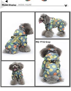 Waterproof dog raincoat with lemon pattern and clear hood showing 4 angles