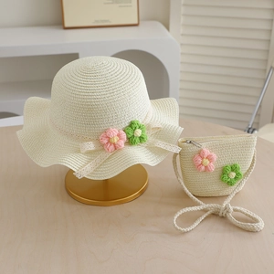 Kids Girls Straw Sun Hat And Matching Woven Bag With Wavy Brim Lace Ribbon Crochet Flowers Summer Beach