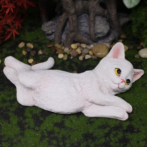 Cute white resin cat figurine in a relaxing pose for garden or living room decor
