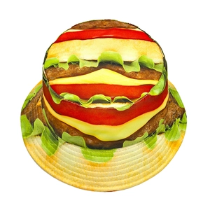 Reversible bucket hat with creative burger print featuring vivid layers of lettuce and buns