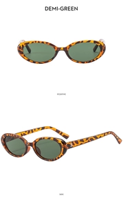 Detail of oval tortoiseshell sunglasses with dark green lenses in front and side views