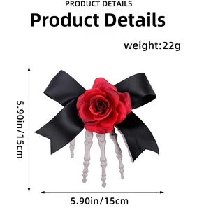 Detail showing dimensions of Halloween skeleton hand hair clip with red rose and bow