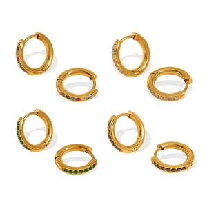 Set of four 18K gold plated titanium steel huggie earrings with colorful zircon stones