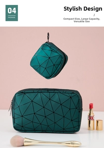 Detail of emerald green geometric texture makeup bag with waterproof synthetic leather