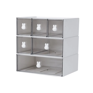 White desktop organizer with six clear drawers and cute rabbit shaped handles