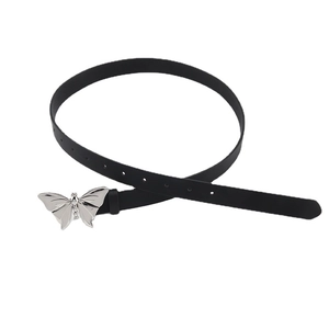 Y2K vintage black leather belt featuring a silver metal butterfly buckle for women