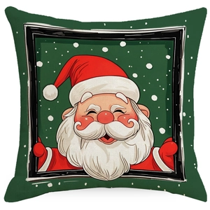 Green Christmas pillow case featuring a classic Santa Claus illustration for home decor