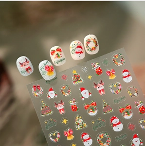 Macro shot of 3D embossed Christmas nail art stickers with reindeer and snowman designs