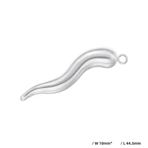 Polished silver cornicello chili pendant with size measurements width 10mm and length 44.5mm