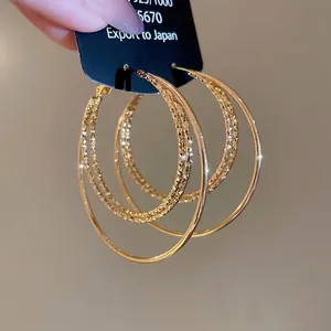 Three-layer 18k gold plated S925 sterling silver hoop earrings with diamond-cut texture