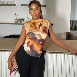 Women's slim fit sleeveless top featuring a classic cherub print in warm earth tones