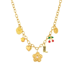 Golden charm necklace with rose coin, cherry, boot, and floral pendants on white background