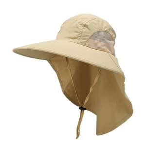 Quick-dry outdoor sun hat with wide brim and neck flap protection in khaki color