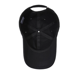 Black cotton baseball cap with reinforced interior seams and adjustable buckle strap