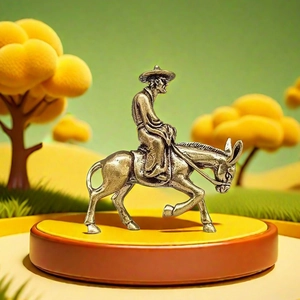Figurine vintage en laiton d'un vieil homme sur un âne sur un support circulaire