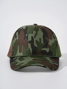 Front view of camouflage mesh trucker hat with decorative rope and adjustable snapback