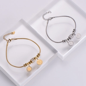 Gold and silver stainless steel PVD plated Queen Elizabeth coin bracelets with crystals