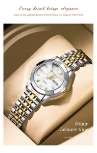 Detail of dual calendar window and rhinestone markers on silver gold watch dial