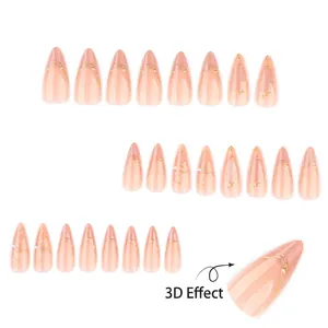 3D cat eye press-on nails almond shape with nude pink gradient, gold foil and pearls
