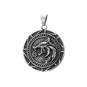 Vintage stainless steel Viking wolf head pendant with Valknut symbol on white background