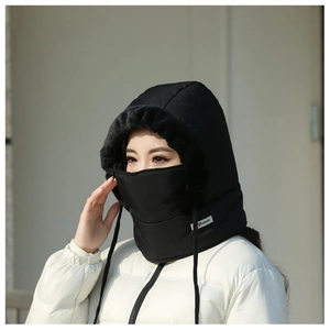 Close-up of a black winter windproof balaclava with warm fleece lining for biking