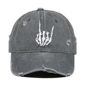 Vintage gray washed baseball cap with rock skeleton hand embroidery and distressed holes
