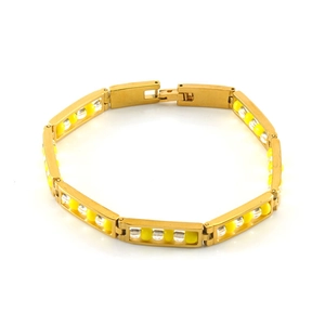 Detail view of 18K gold-plated titanium steel bracelet featuring rectangular links and beads