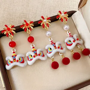 Lion Dance Dangle Earrings With Silver Earring Post Alloy Enamel Faux Artificial Pearl Festive Chinese Style Plush Pom Pom