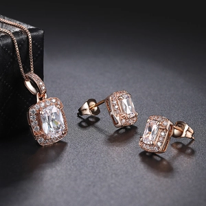 Rose gold jewelry set with square white zircon pendant necklace and stud earrings