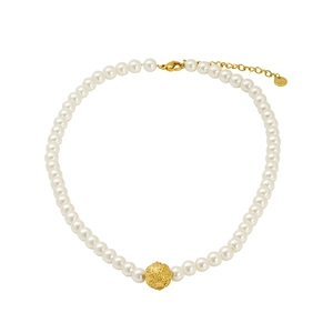 Elegant 18K gold plated necklace with woven white pearls and central textured bead