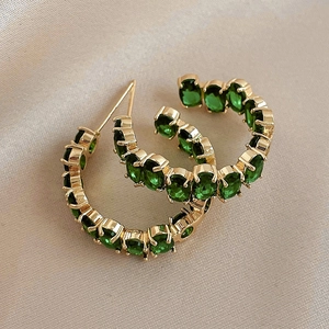 Retro Geometric C-Shape Hoop Earrings With Rhinestone And 925 Sterling Silver Earring Post Vintage Luxury Jewelry For Women
