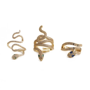 Minimalist gold snake wrap rings with cubic zirconia pavé in adjustable open design