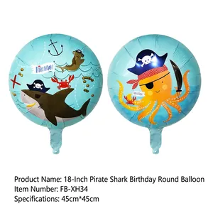 Detail of 18 inch pirate themed round foil balloons with shark and octopus prints