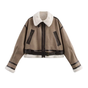 Women Vintage Aviator Jacket Faux Suede Shearling Lined Cropped Moto Coat Warm Winter Outwear With Belt Lapel Zip Up