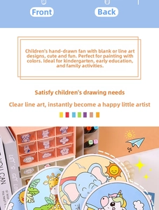 Detailed view of DIY drawing fans for kids with cartoon outlines and plastic handles
