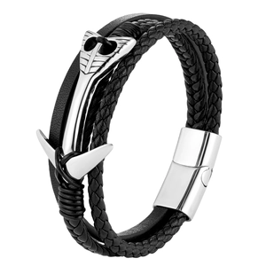 Bracelet pour homme en cuir tressé noir avec ancre argentée et fermoir magnétique en acier