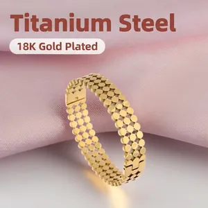 Bracelet Jonc Vintage À Points Polis Acier Titane Plaqué Or 18K Géométrique Rétro Style Bracelet Montre Bijoux Femmes