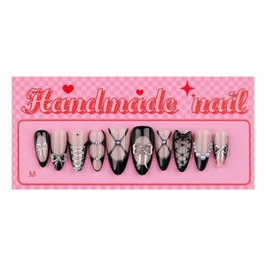 Handmade black and pink ballet core press-on nails with 3D bows and pearls