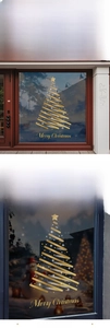 Detailed view of golden Christmas tree window stickers with Merry Christmas text on glass