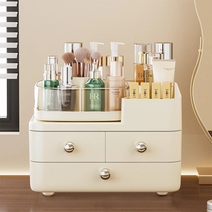 Large capacity multi-layer desktop cosmetic organizer with drawers in ivory white finish