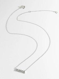 Macro shot of S925 sterling silver MAMA pendant with pavé-set zircons and chain clasp