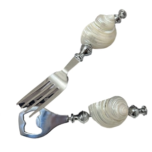 Vintage seashell handle dinner fork and bottle opener set with stainless steel finish
