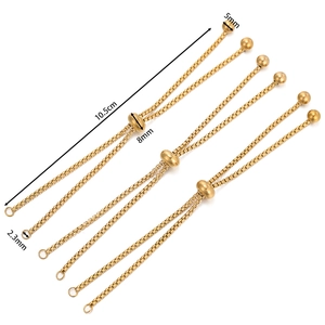 Macro shot of adjustable 10.5cm stainless steel gold sliding chain with size measurements