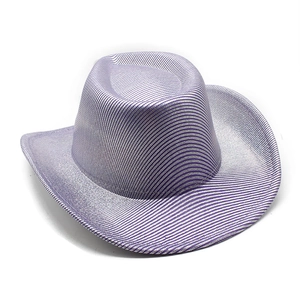 Overhead view of purple and silver striped western cowboy hat with a metallic glitter finish