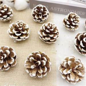 Detail of natural pine cones with white snow-effect tips on burlap and white fleece base