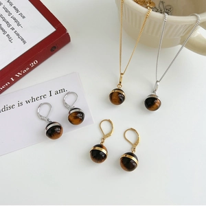 Tiger's Eye Round Ball Stainless Steel Necklace And Earrings Retro Minimalist Light Luxury Jewelry For Women