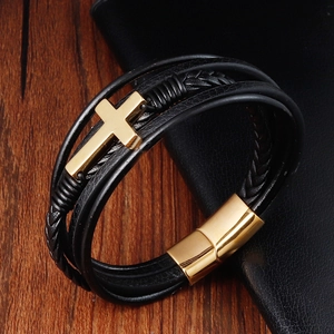 Men's multilayer black braided leather bracelet with golden cross and magnetic clasp