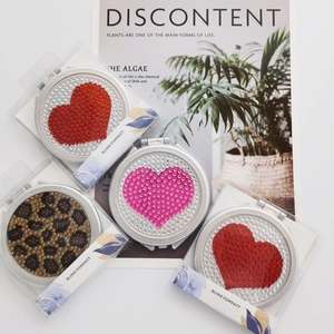 Folding round mini pocket mirrors with colorful rhinestones and bling heart patterns